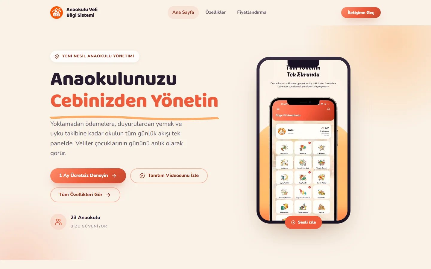 Anaokulu Veli Bilgi Sistemi sitesinin ilk ekranı