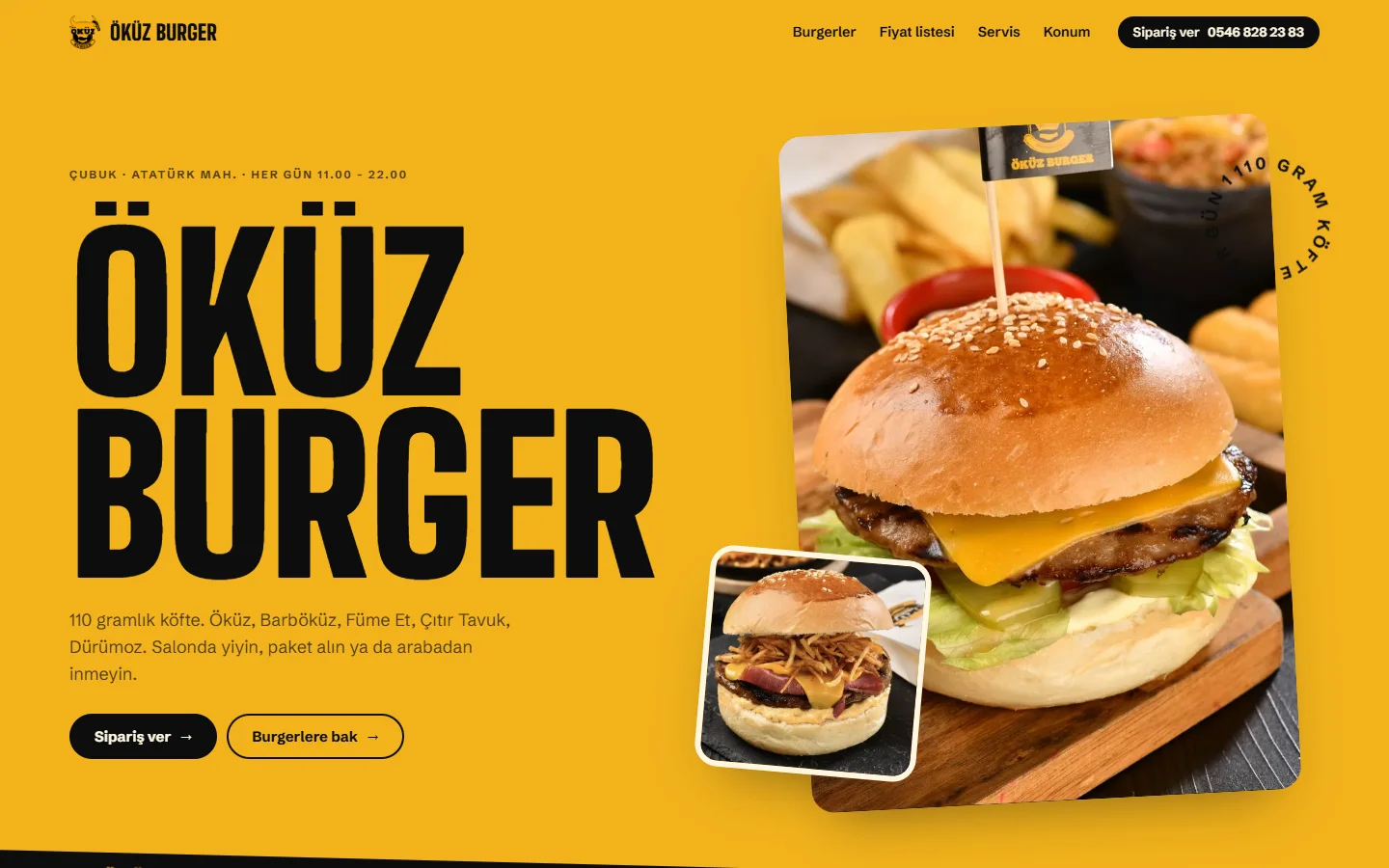 Öküz Burger sitesinin ilk ekranı