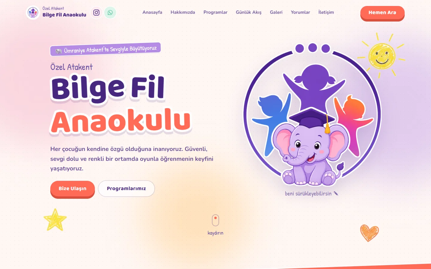 Özel Atakent Bilge Fil Anaokulu sitesinin ilk ekranı